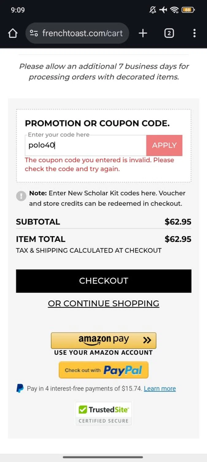 French Toast promo code screenshot showing code polo40 applied at French Toast checkout page. Uploaded by SimplyCodes community member RoyalSpotter5217 on Jan 27, 2026