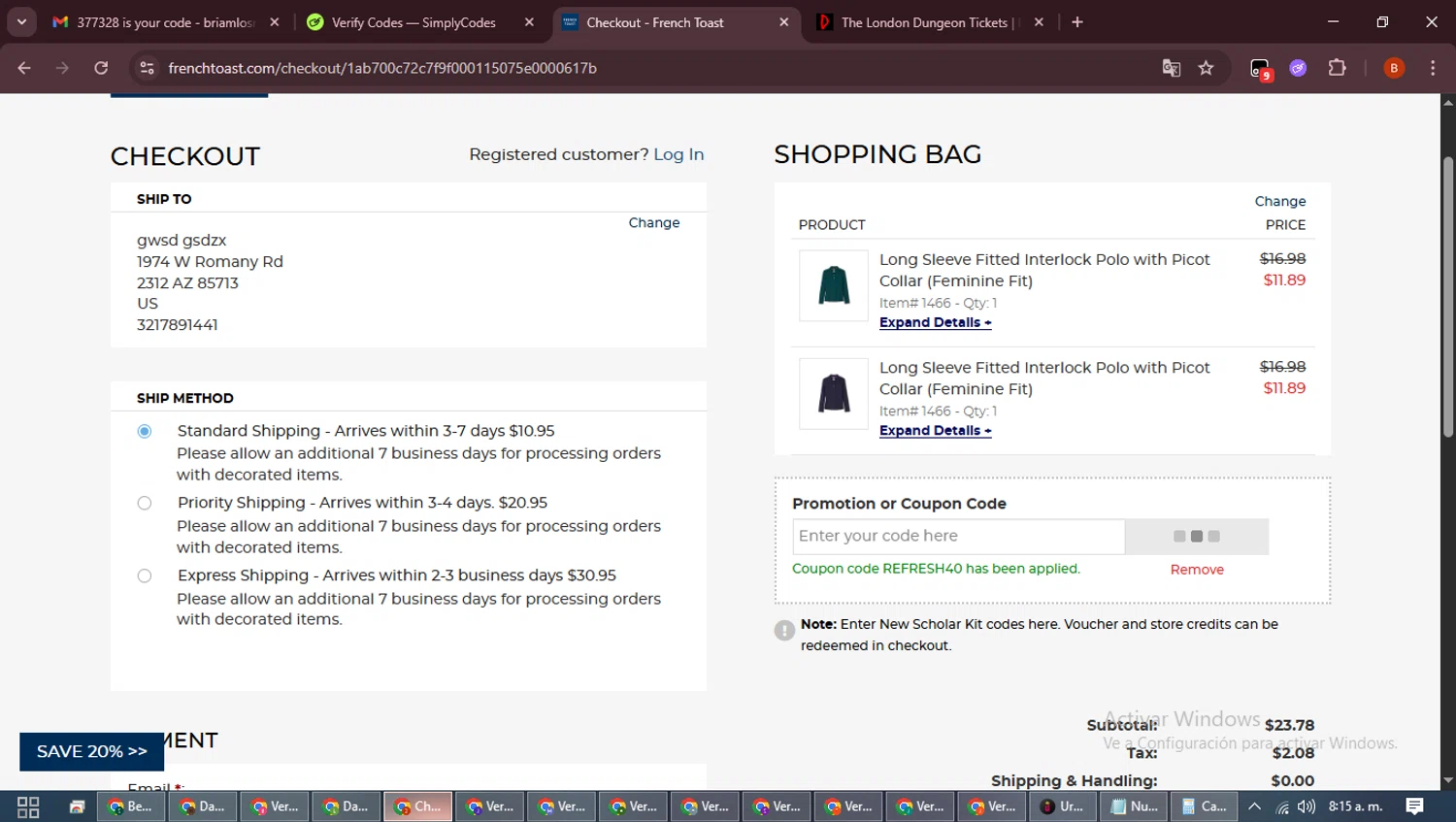 French Toast promo code screenshot showing code REFRESH40 applied at French Toast checkout page. Uploaded by SimplyCodes community member DiscountExpert6435 on Mar 15, 2026