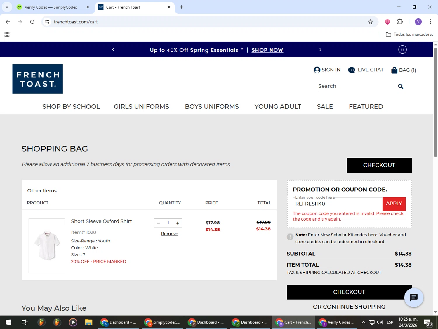 French Toast promo code screenshot showing code REFRESH40 applied at French Toast checkout page. Uploaded by SimplyCodes community member Gianpiero on Mar 24, 2026