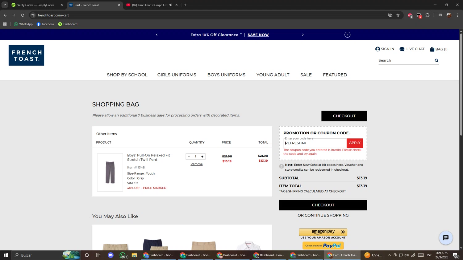 French Toast promo code screenshot showing code REFRESH40 applied at French Toast checkout page. Uploaded by SimplyCodes community member ScanShopper554 on Mar 24, 2026