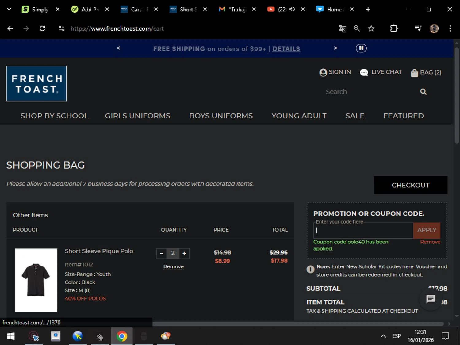 French Toast promo code screenshot showing code polo40 applied at French Toast checkout page. Uploaded by SimplyCodes community member MarcosAranguren on Jan 16, 2026