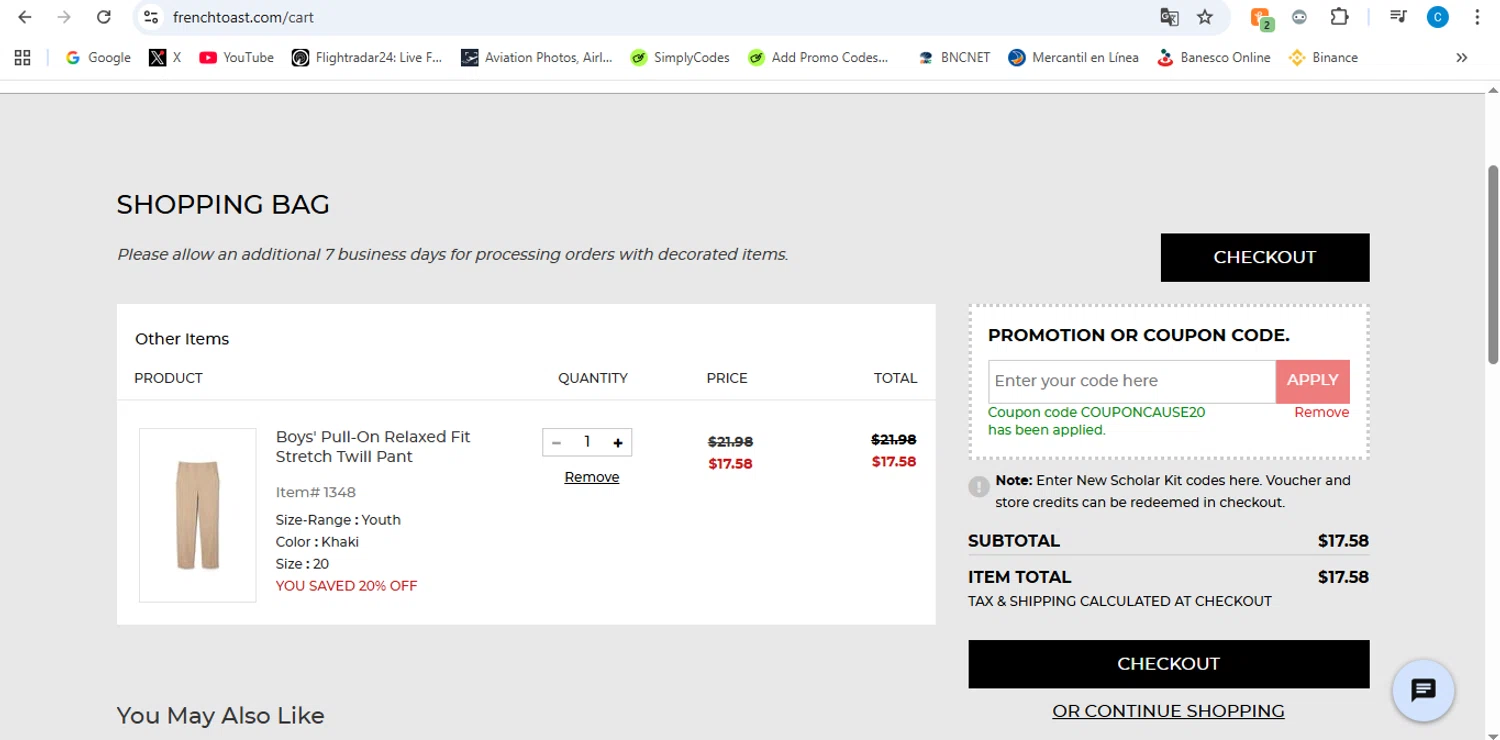 French Toast promo code screenshot showing code COUPONCAUSE20 applied at French Toast checkout page. Uploaded by SimplyCodes community member victor on Jan 16, 2026