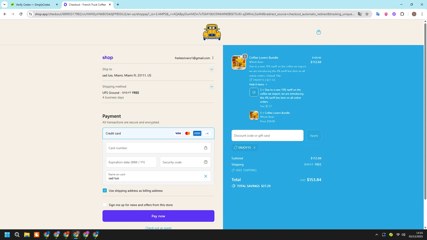 French Truck Coffee discount code screenshot showing code Enjoy15 applied at French Truck Coffee checkout page. Uploaded by SimplyCodes community member CashSleuth106 on Dec 2, 2025