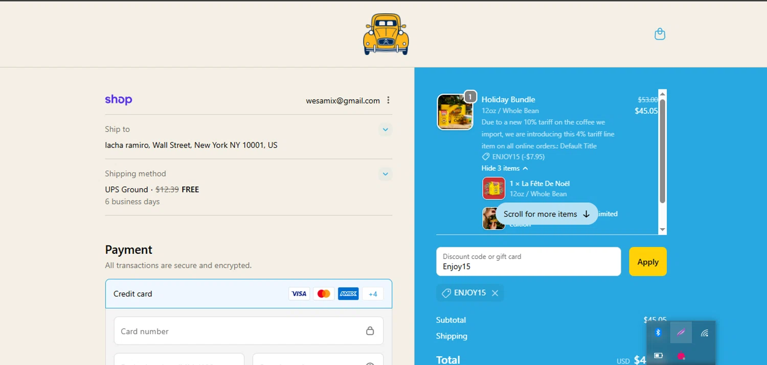 French Truck Coffee discount code screenshot showing code Enjoy15 applied at French Truck Coffee checkout page. Uploaded by SimplyCodes community member coder_916642691 on Dec 15, 2025