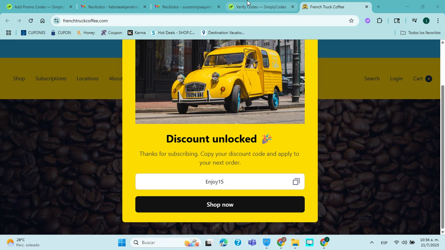 French Truck Coffee checkout page showing French Truck Coffee discount code box | Screenshot taken by SimplyCodes community member on Jul 21, 2025