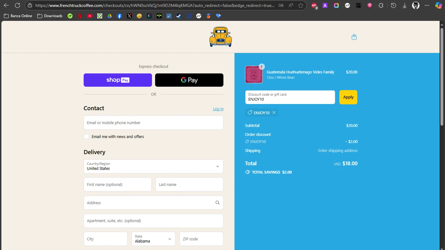 French Truck Coffee discount code screenshot showing code ENJOY10 applied at French Truck Coffee checkout page. Uploaded by SimplyCodes community member ROCKSORD on Jul 21, 2025
