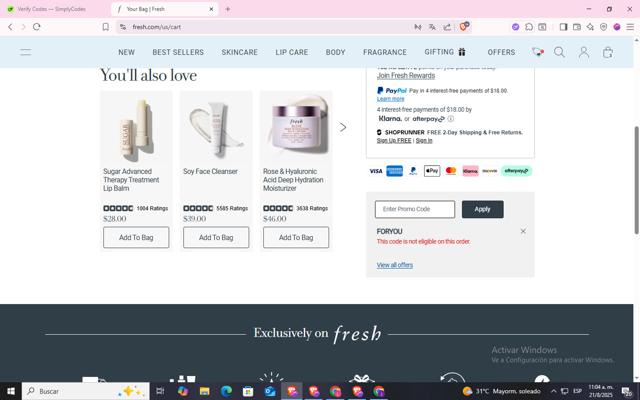 Fresh checkout page showing Fresh promo code box | Screenshot taken by SimplyCodes community member on Aug 21, 2025