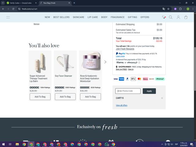 Fresh checkout page showing Fresh promo code box | Screenshot taken by SimplyCodes community member on Aug 22, 2025