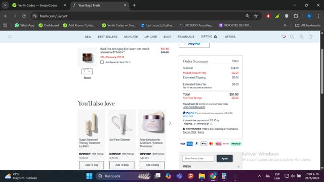 Fresh checkout page showing Fresh promo code box | Screenshot taken by SimplyCodes community member on Aug 26, 2025