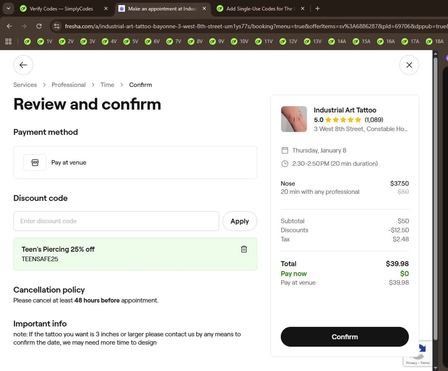 Fresha checkout page showing Fresha discount code box | Screenshot taken by SimplyCodes community member on Jan 5, 2026