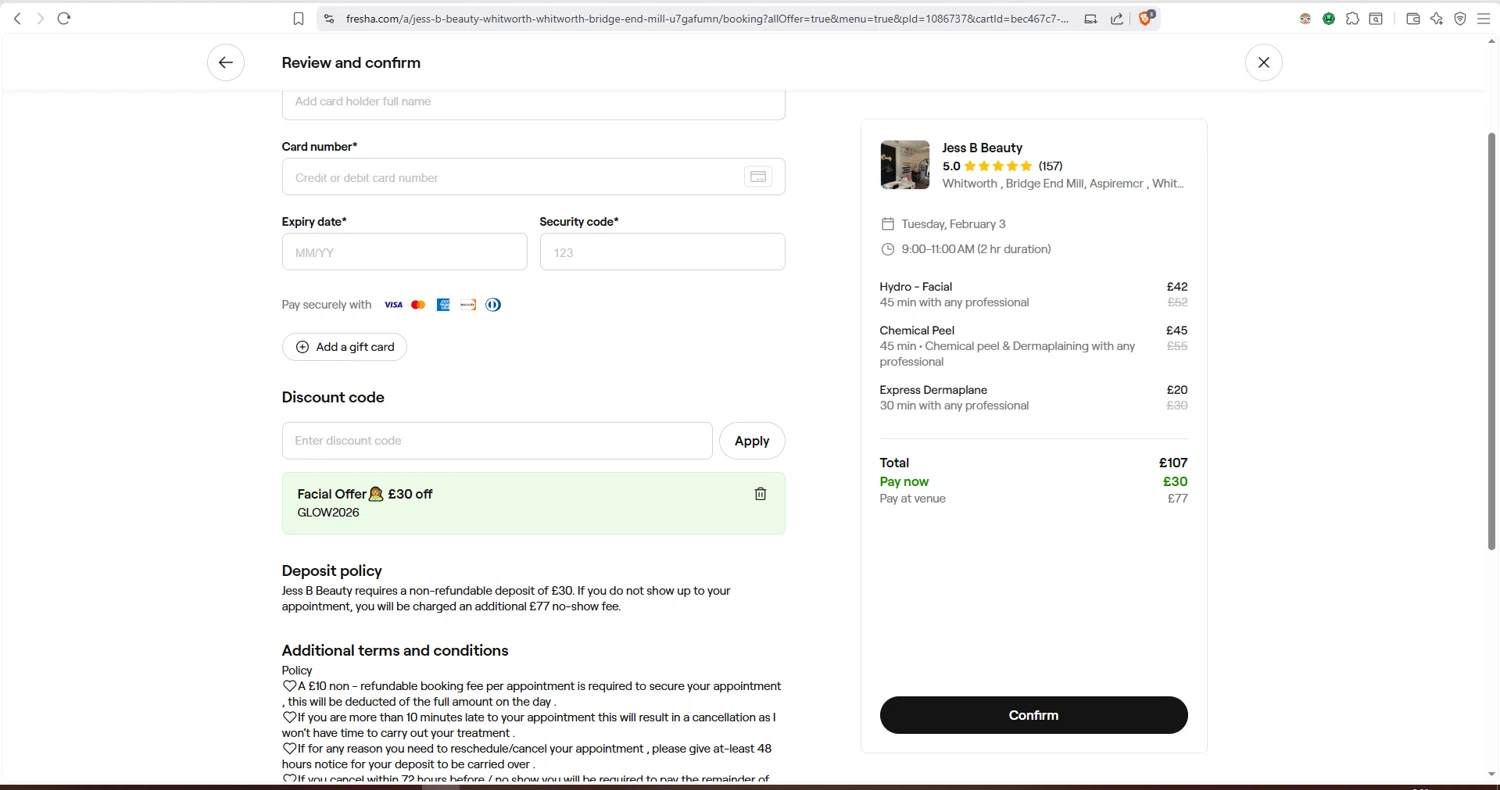 Fresha checkout page showing Fresha discount code box | Screenshot taken by SimplyCodes community member on Jan 26, 2026