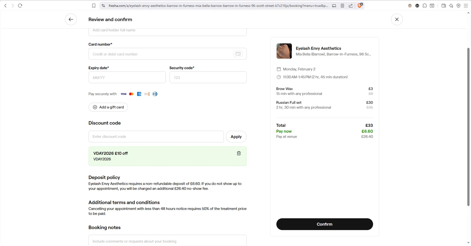 Fresha checkout page showing Fresha discount code box | Screenshot taken by SimplyCodes community member on Jan 26, 2026