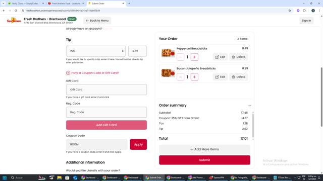 Fresh Brothers checkout page showing Fresh Brothers coupon code box | Screenshot taken by SimplyCodes community member on Jul 3, 2025