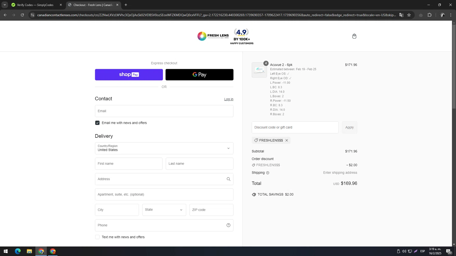 Fresh Lens discount code screenshot showing code FRESHLENS$$ applied at Fresh Lens checkout page. Uploaded by SimplyCodes community member ELMARRON on Feb 16, 2025