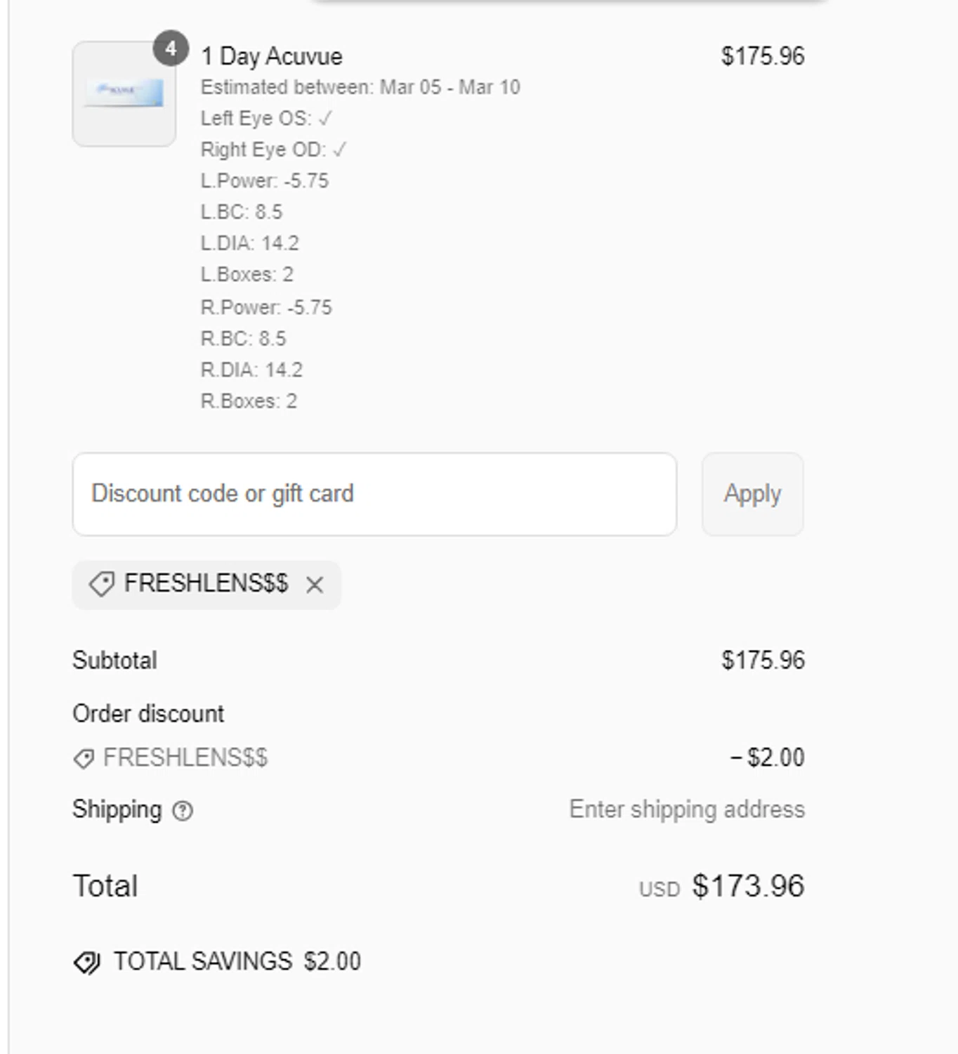 Fresh Lens discount code screenshot showing code FRESHLENS$$ applied at Fresh Lens checkout page. Uploaded by SimplyCodes community member Toundji on Mar 4, 2025