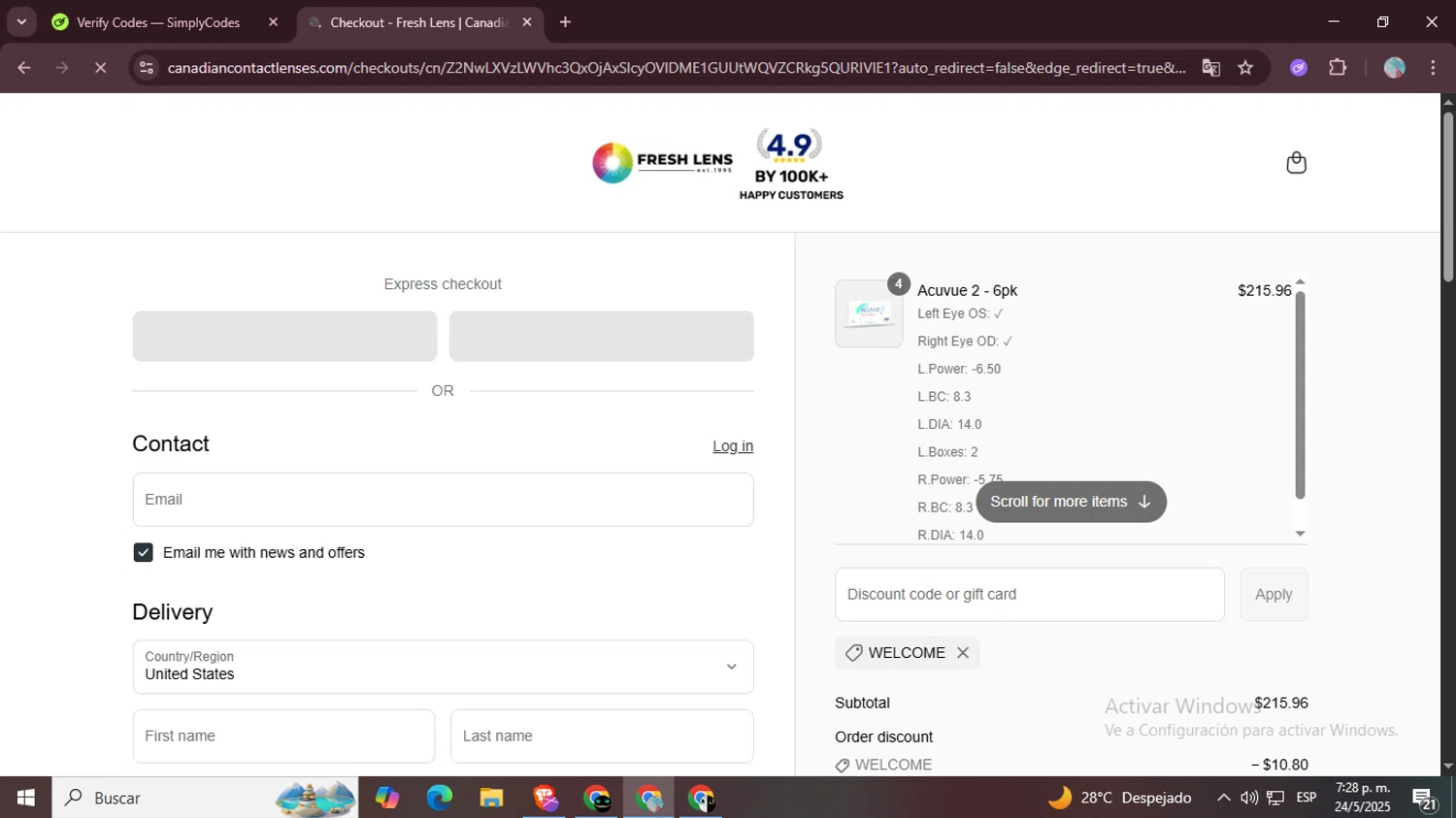 Fresh Lens discount code screenshot showing code WELCOME applied at Fresh Lens checkout page. Uploaded by SimplyCodes community member LegendaryPro7106 on May 24, 2025