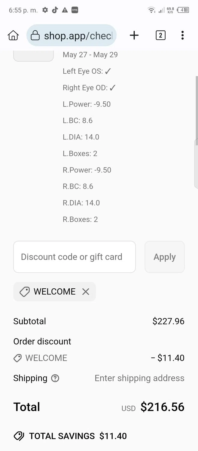 Fresh Lens discount code screenshot showing code WELCOME applied at Fresh Lens checkout page. Uploaded by SimplyCodes community member bauxita on May 24, 2025