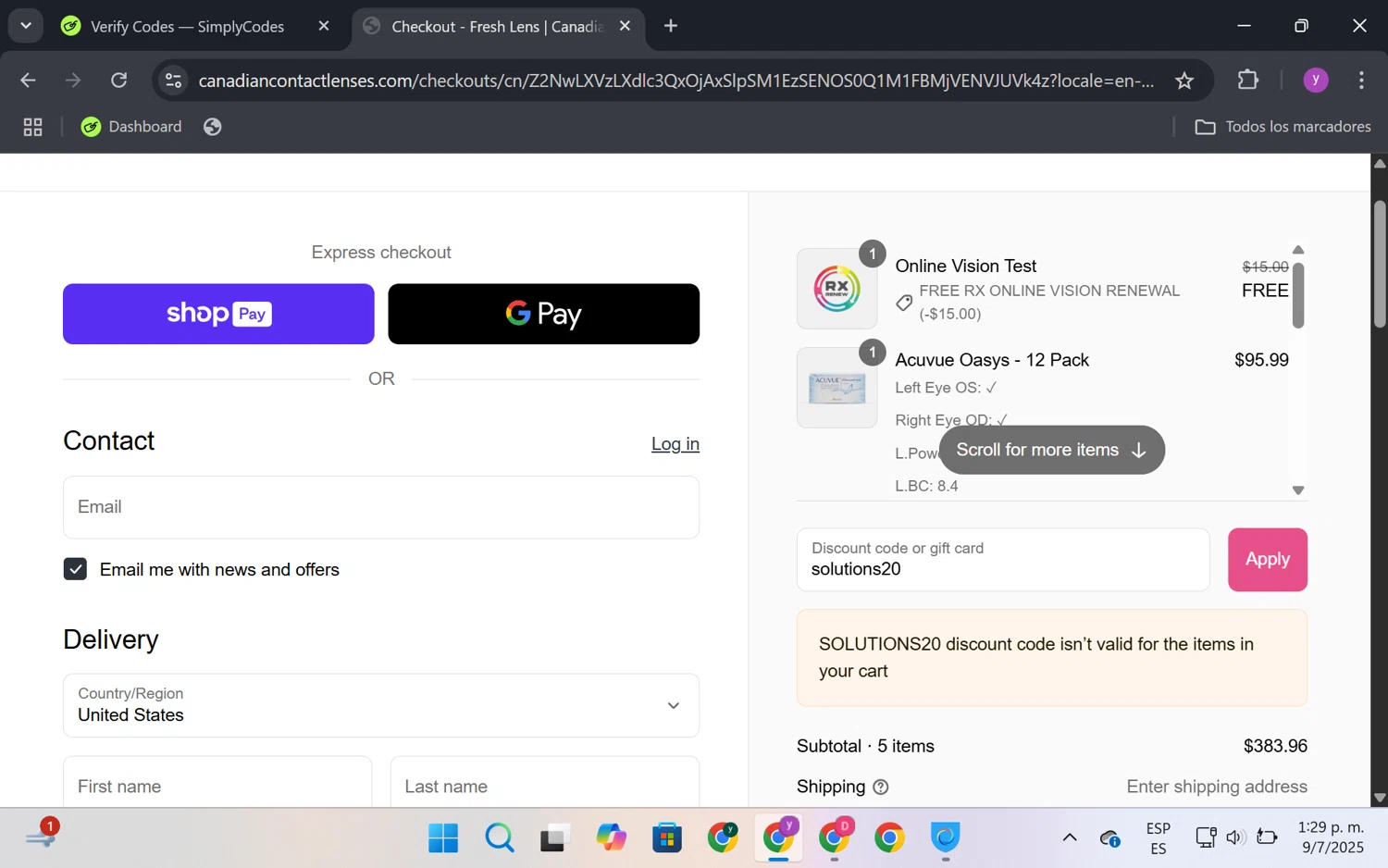 Fresh Lens discount code screenshot showing code solutions20 applied at Fresh Lens checkout page. Uploaded by SimplyCodes community member FrugalKnight6753 on Jul 9, 2025
