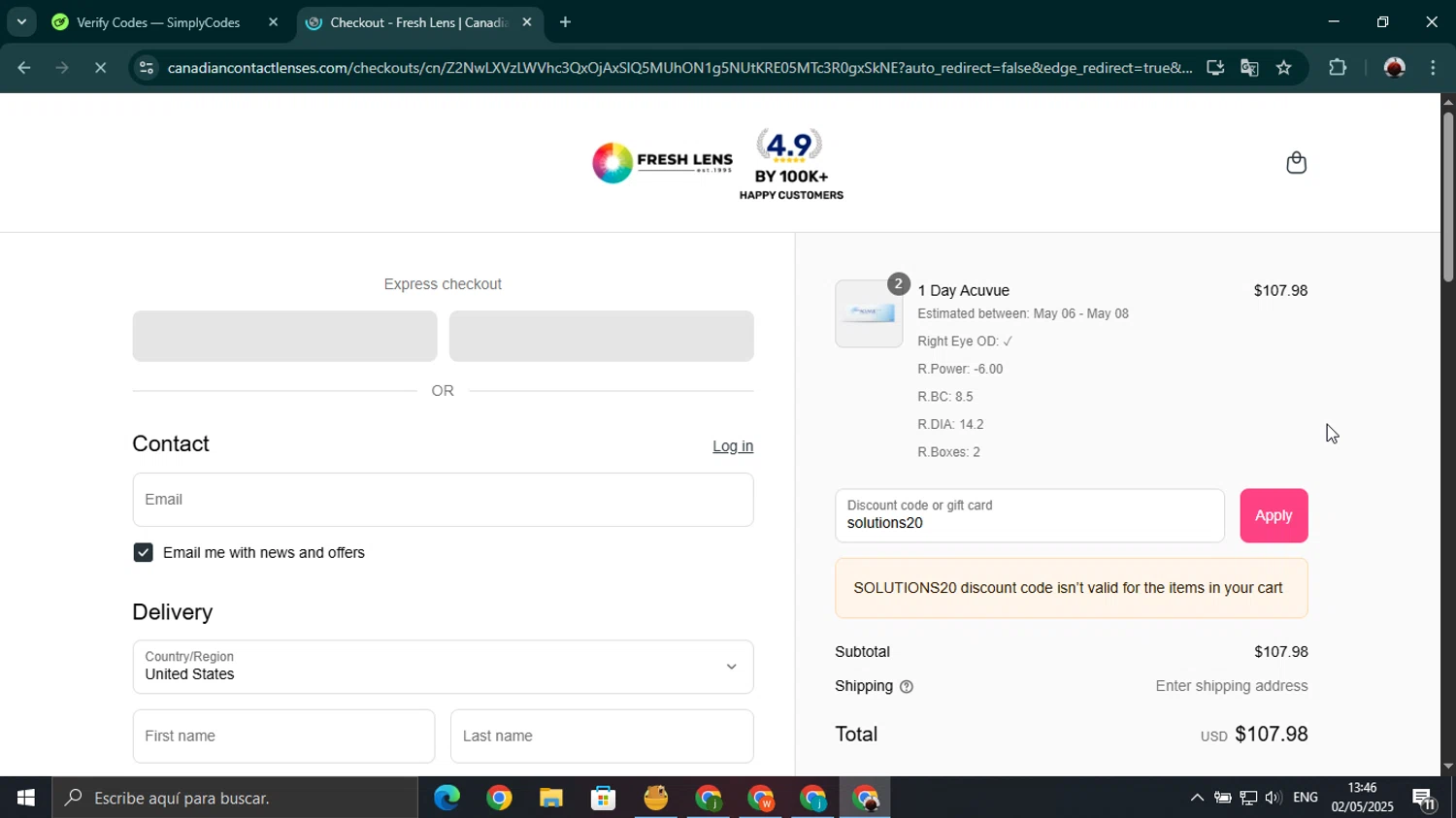 Fresh Lens discount code screenshot showing code solutions20 applied at Fresh Lens checkout page. Uploaded by SimplyCodes community member youngonzalo on May 2, 2025