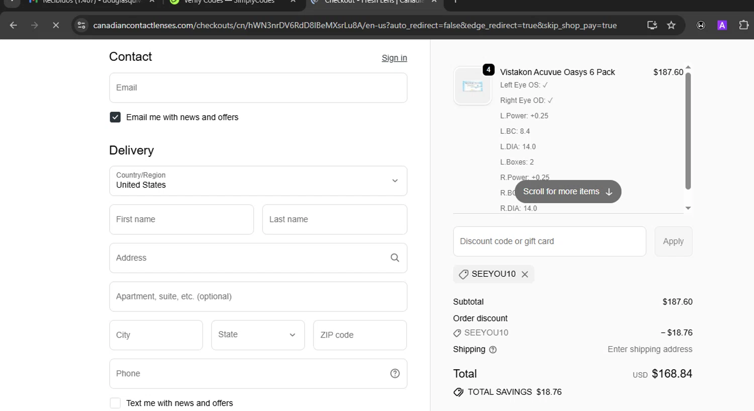 Fresh Lens discount code screenshot showing code SEEYOU10 applied at Fresh Lens checkout page. Uploaded by SimplyCodes community member WiseLegend5590 on Oct 6, 2025