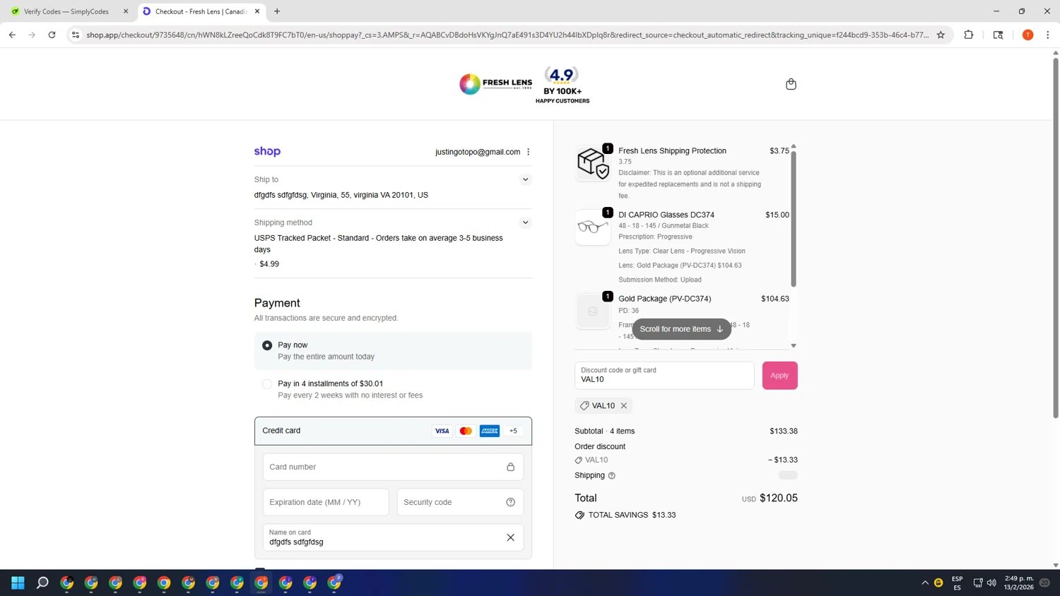 Fresh Lens checkout page showing Fresh Lens discount code box | Screenshot taken by SimplyCodes community member on Feb 13, 2026