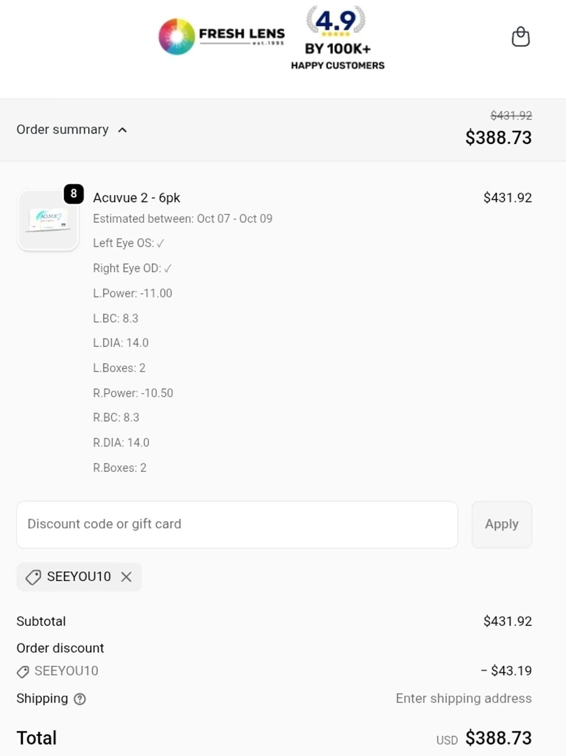 Fresh Lens discount code screenshot showing code SEEYOU10 applied at Fresh Lens checkout page. Uploaded by SimplyCodes community member ValiantCurator3344 on Oct 6, 2025