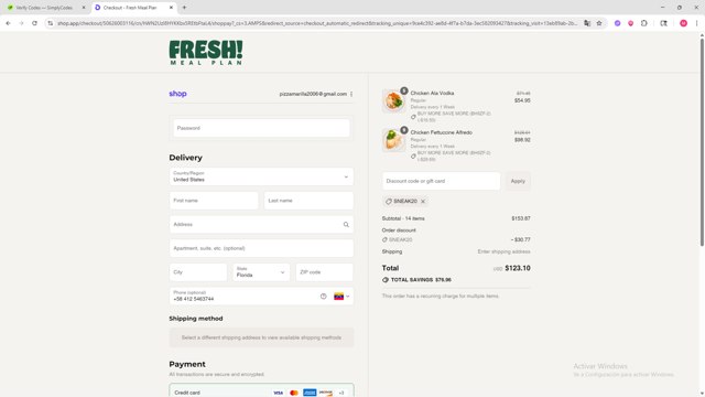 Fresh Meal Plan checkout page showing Fresh Meal Plan discount code box | Screenshot taken by SimplyCodes community member on Sep 2, 2025