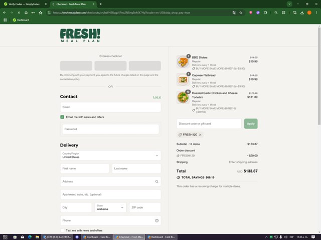 Fresh Meal Plan checkout page showing Fresh Meal Plan discount code box | Screenshot taken by SimplyCodes community member on Sep 2, 2025