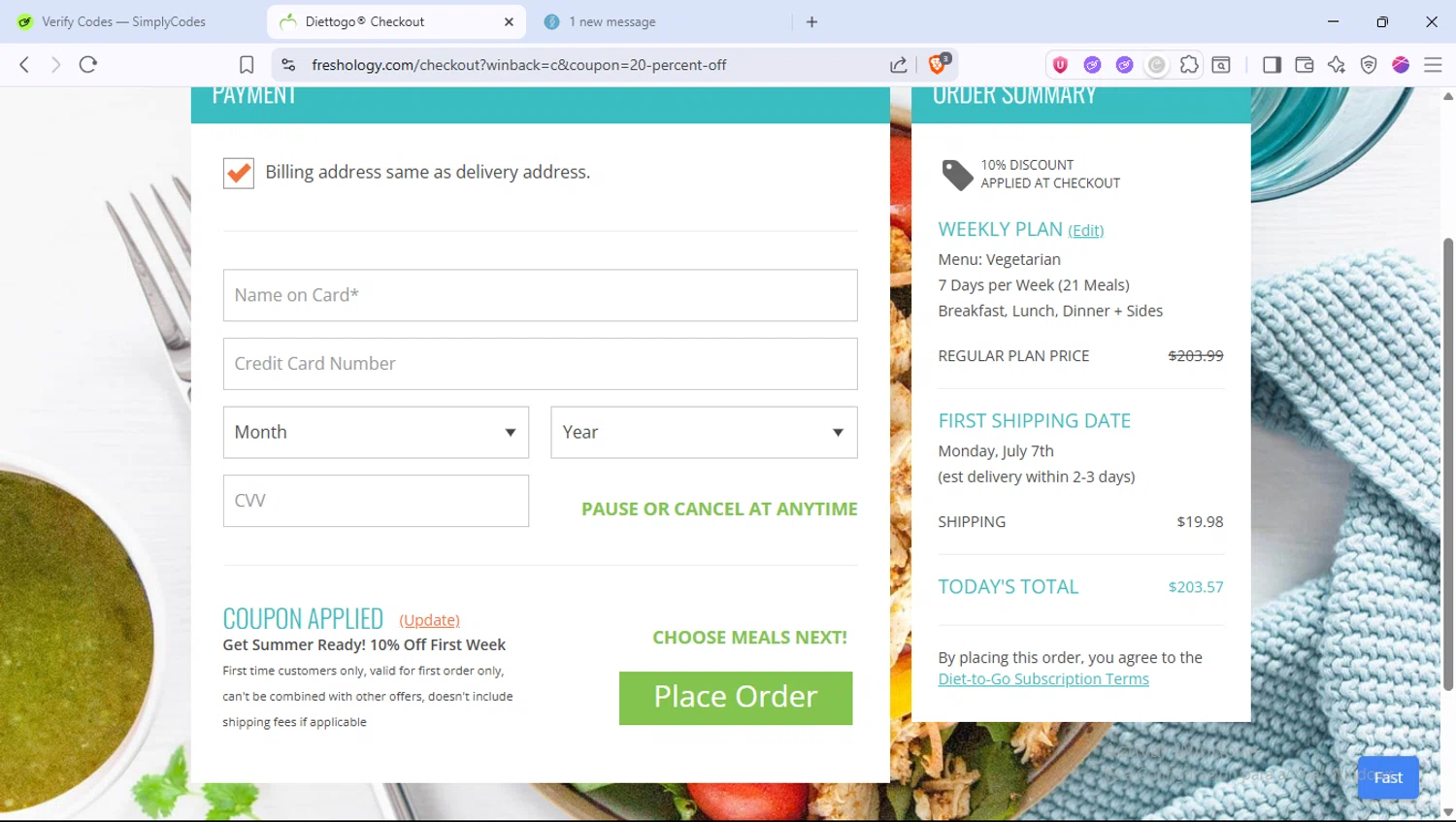 Freshology coupon code screenshot showing code SummerReady applied at Freshology checkout page. Uploaded by SimplyCodes community member PocoyoTraihard on Jul 4, 2025
