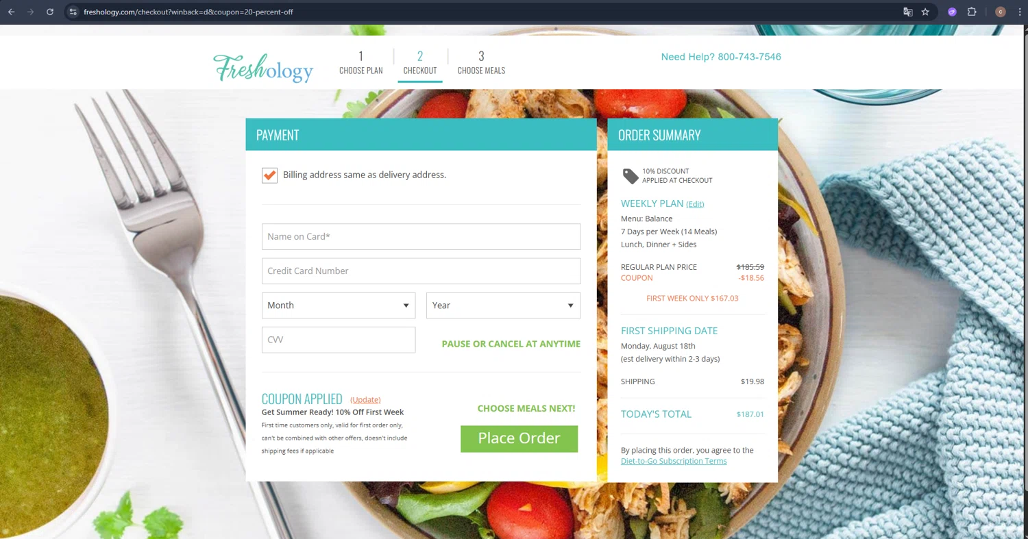 Freshology coupon code screenshot showing code SummerReady applied at Freshology checkout page. Uploaded by SimplyCodes community member VoucherSleuth2594 on Aug 16, 2025