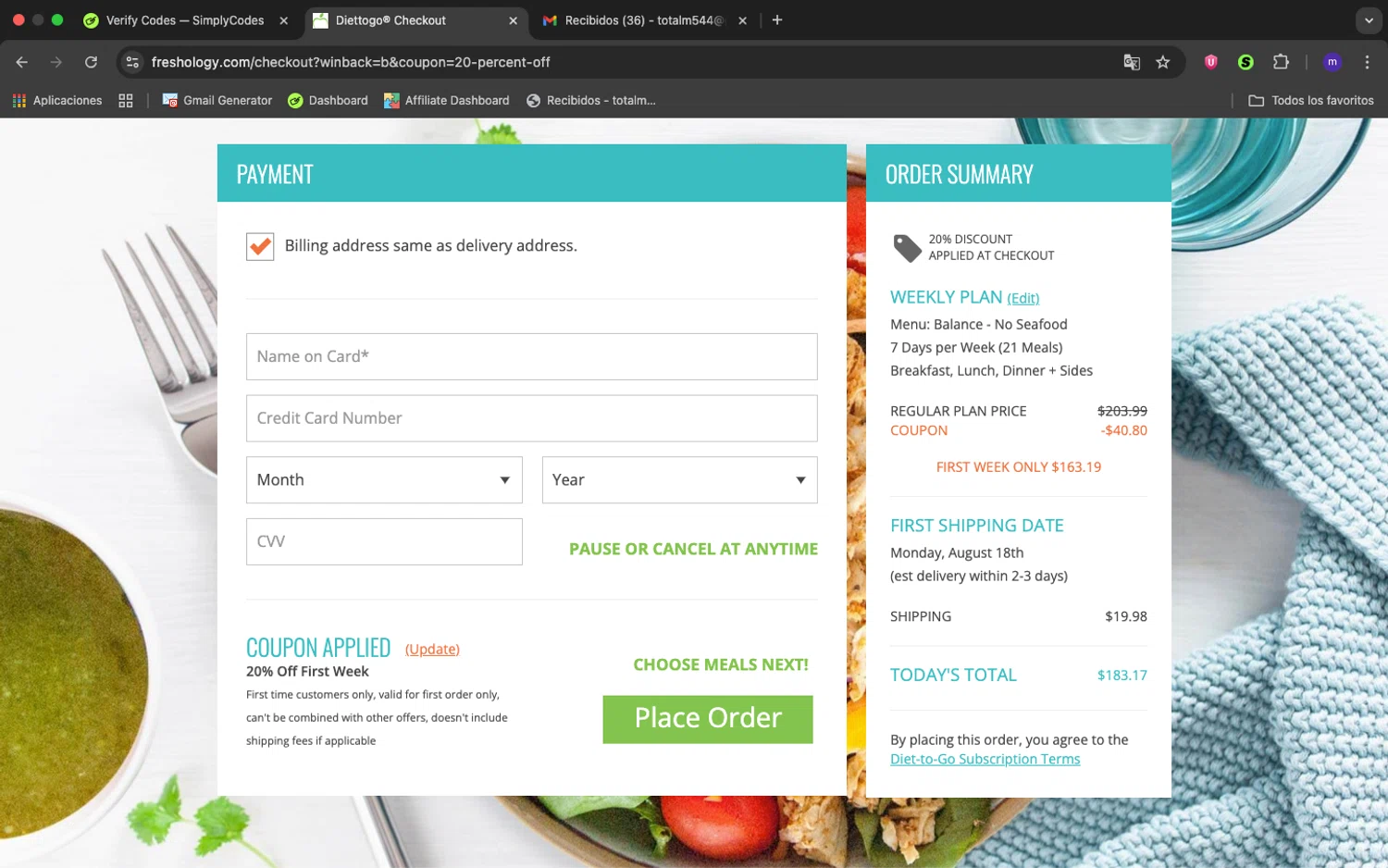 Freshology coupon code screenshot showing code today20 applied at Freshology checkout page. Uploaded by SimplyCodes community member 1234ely on Aug 16, 2025