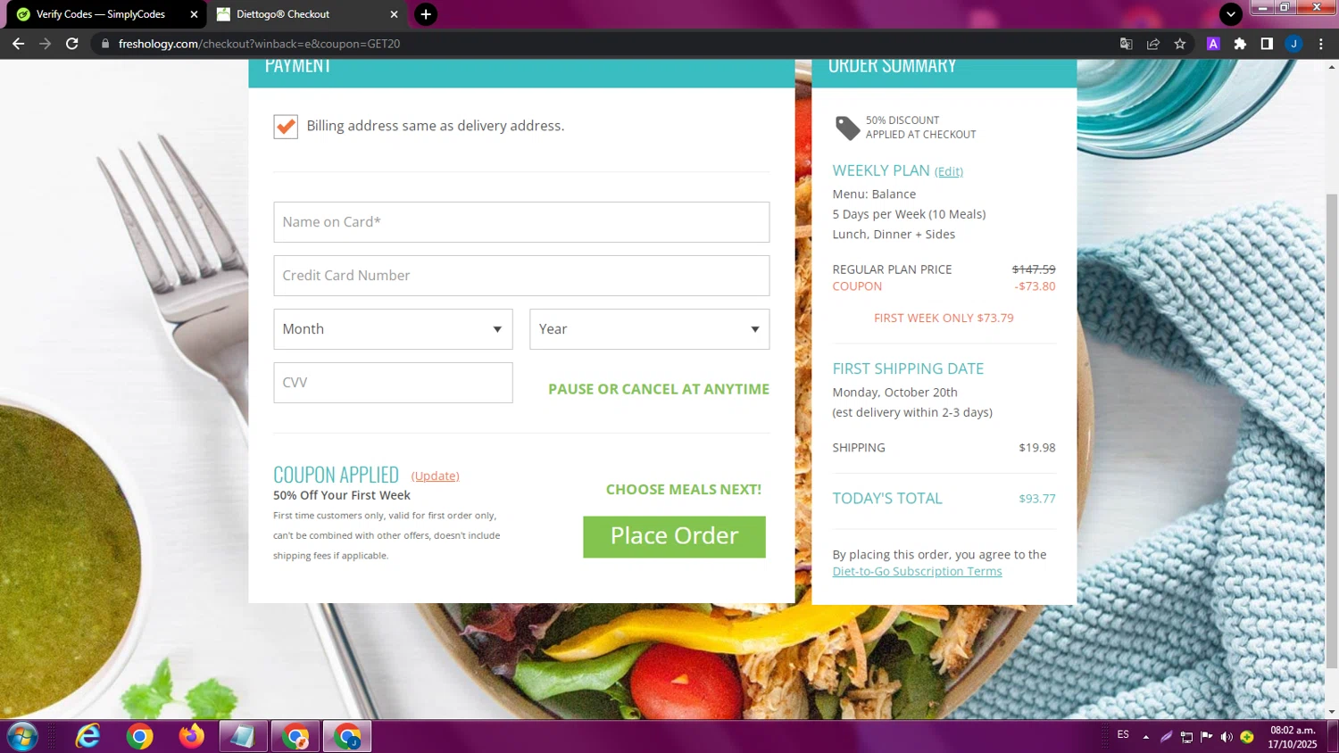 Freshology coupon code screenshot showing code 50-PERCENT-OFF applied at Freshology checkout page. Uploaded by SimplyCodes community member ExtraordinaryPhoenix9295 on Oct 17, 2025