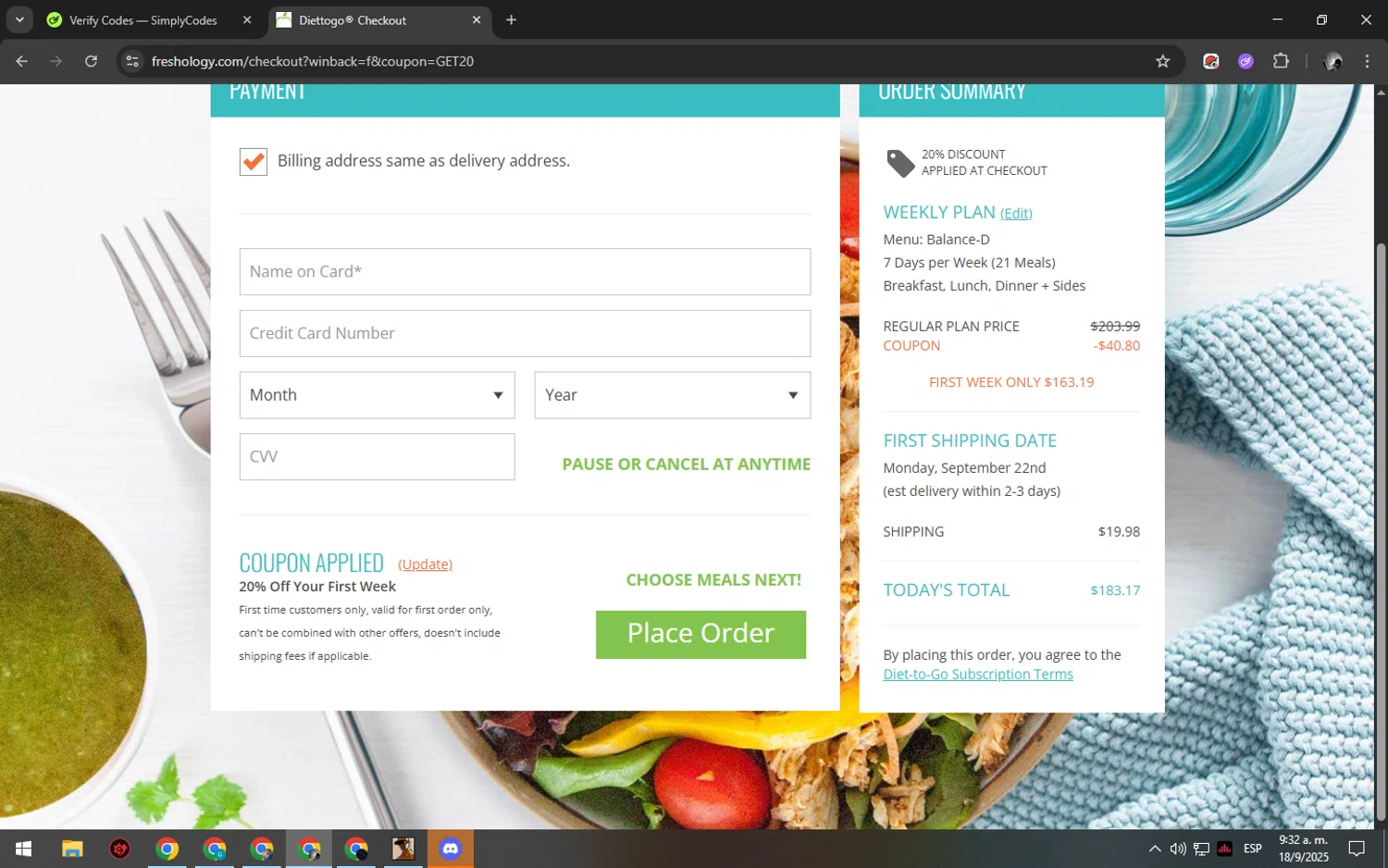 Freshology checkout page showing Freshology coupon code box | Screenshot taken by SimplyCodes community member on Sep 18, 2025