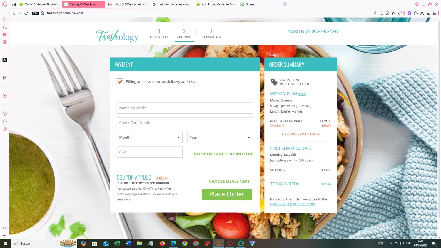 Freshology coupon code screenshot showing code GET50 applied at Freshology checkout page. Uploaded by SimplyCodes community member yanetrod on May 4, 2025
