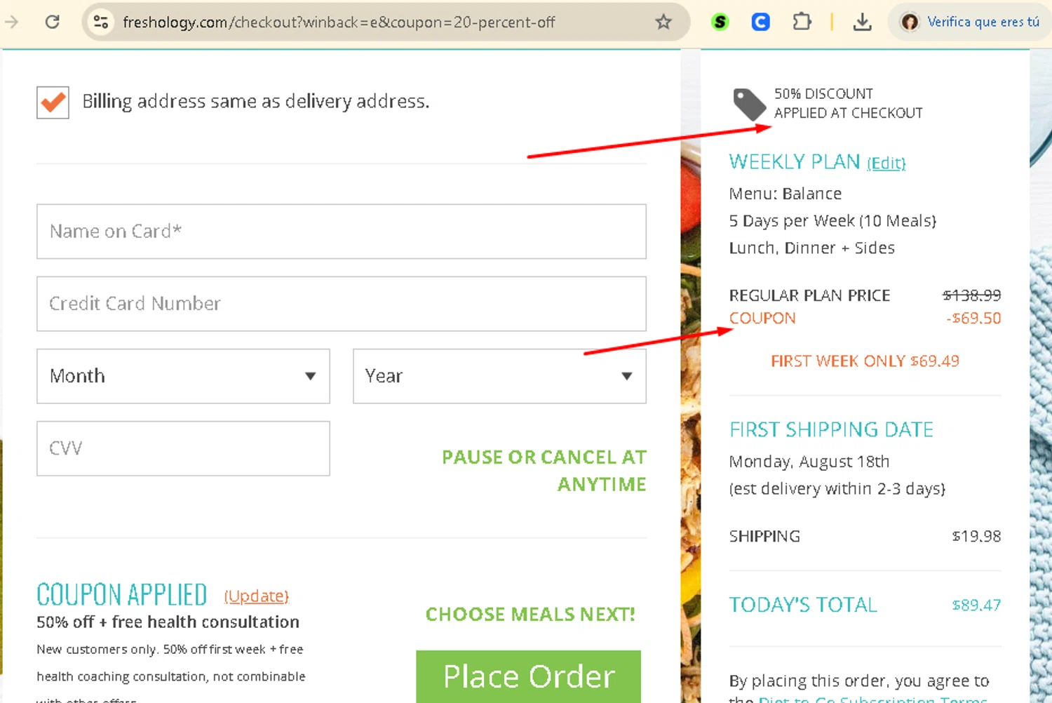 Freshology coupon code screenshot showing code GET50 applied at Freshology checkout page. Uploaded by SimplyCodes community member AMANDA2681 on Aug 16, 2025