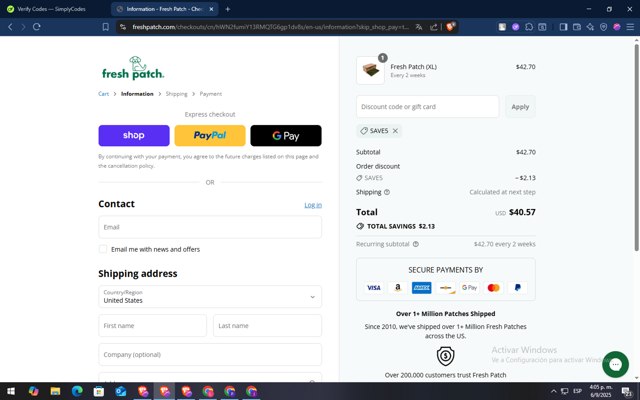 Fresh Patch checkout page showing Fresh Patch discount code box | Screenshot taken by SimplyCodes community member on Sep 6, 2025