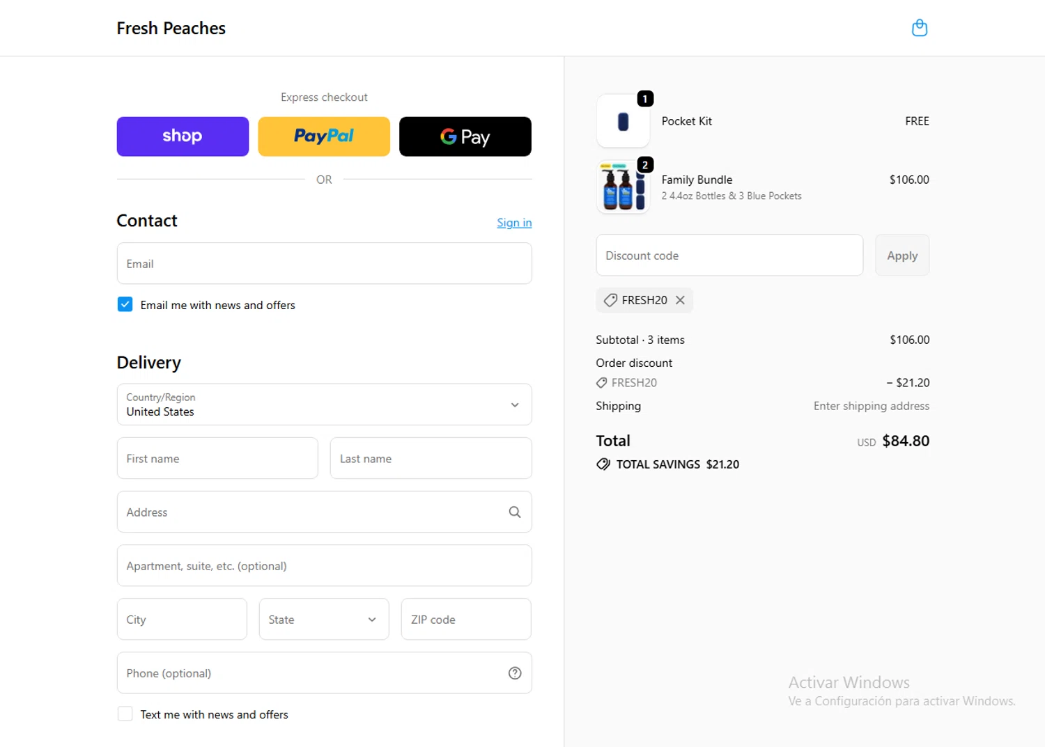 Fresh Peaches promo code screenshot showing code FRESH20 applied at Fresh Peaches checkout page. Uploaded by SimplyCodes community member BrilliantGenius7871 on Nov 14, 2025