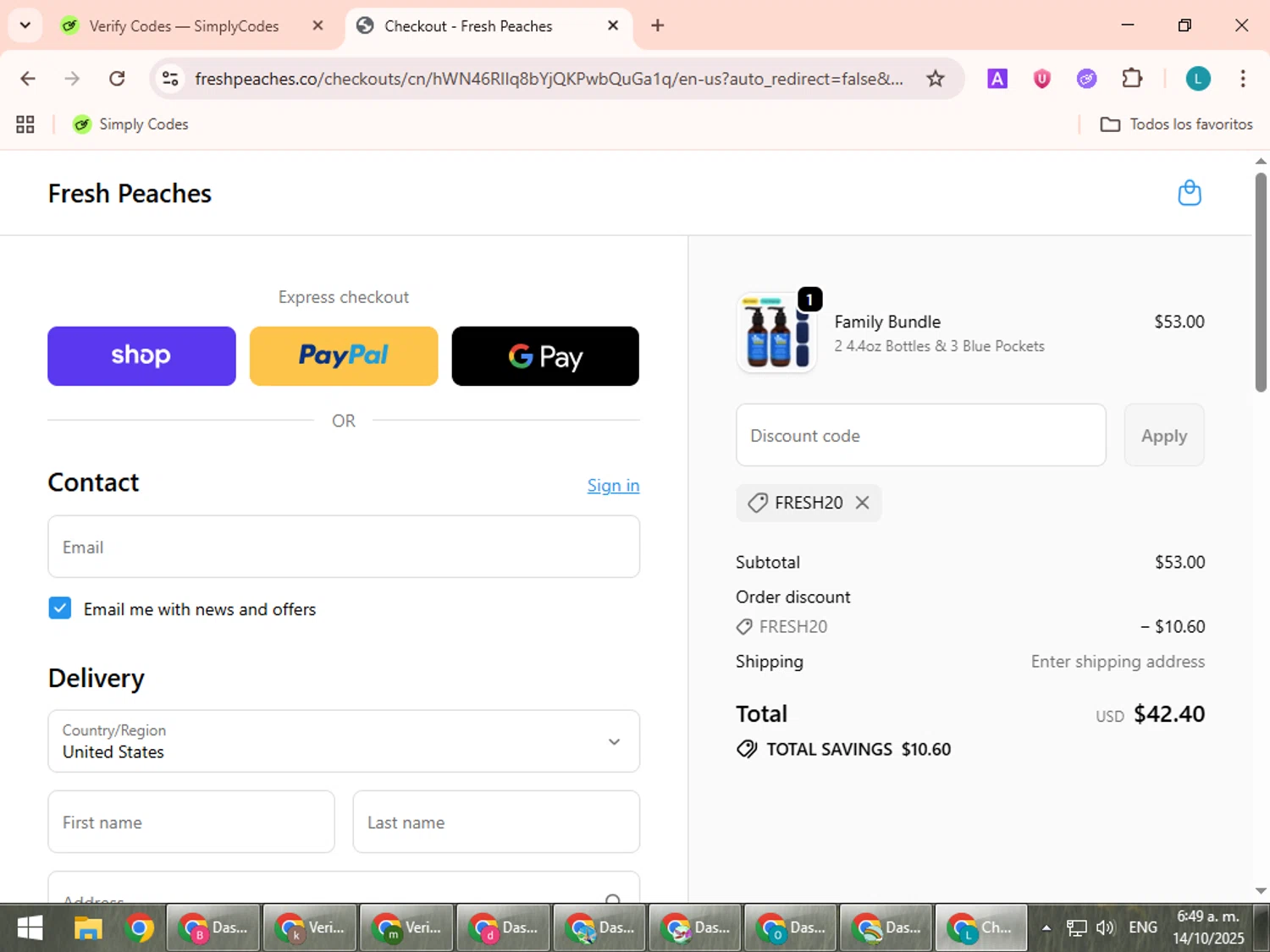 Fresh Peaches promo code screenshot showing code FRESH20 applied at Fresh Peaches checkout page. Uploaded by SimplyCodes community member LuckyLegend792 on Oct 14, 2025