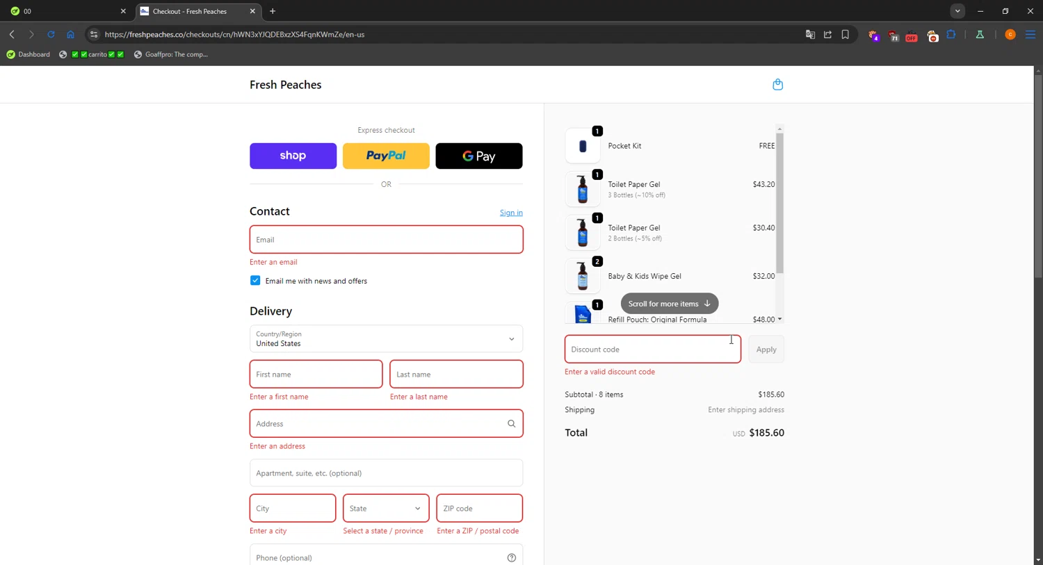 Fresh Peaches promo code screenshot showing code _MONIQUELYNN applied at Fresh Peaches checkout page. Uploaded by SimplyCodes community member LOgoter on Oct 10, 2025