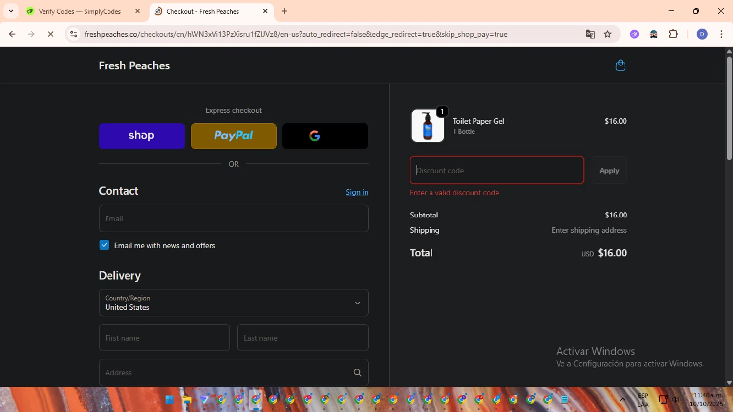 Fresh Peaches promo code screenshot showing code _MONIQUELYNN applied at Fresh Peaches checkout page. Uploaded by SimplyCodes community member RewardOwl5959 on Oct 10, 2025