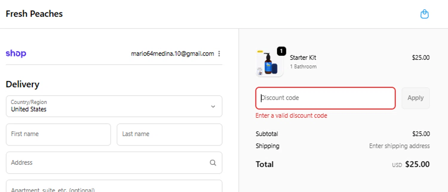 Fresh Peaches promo code screenshot showing code _MONIQUELYNN applied at Fresh Peaches checkout page. Uploaded by SimplyCodes community member paquitin29 on Oct 10, 2025