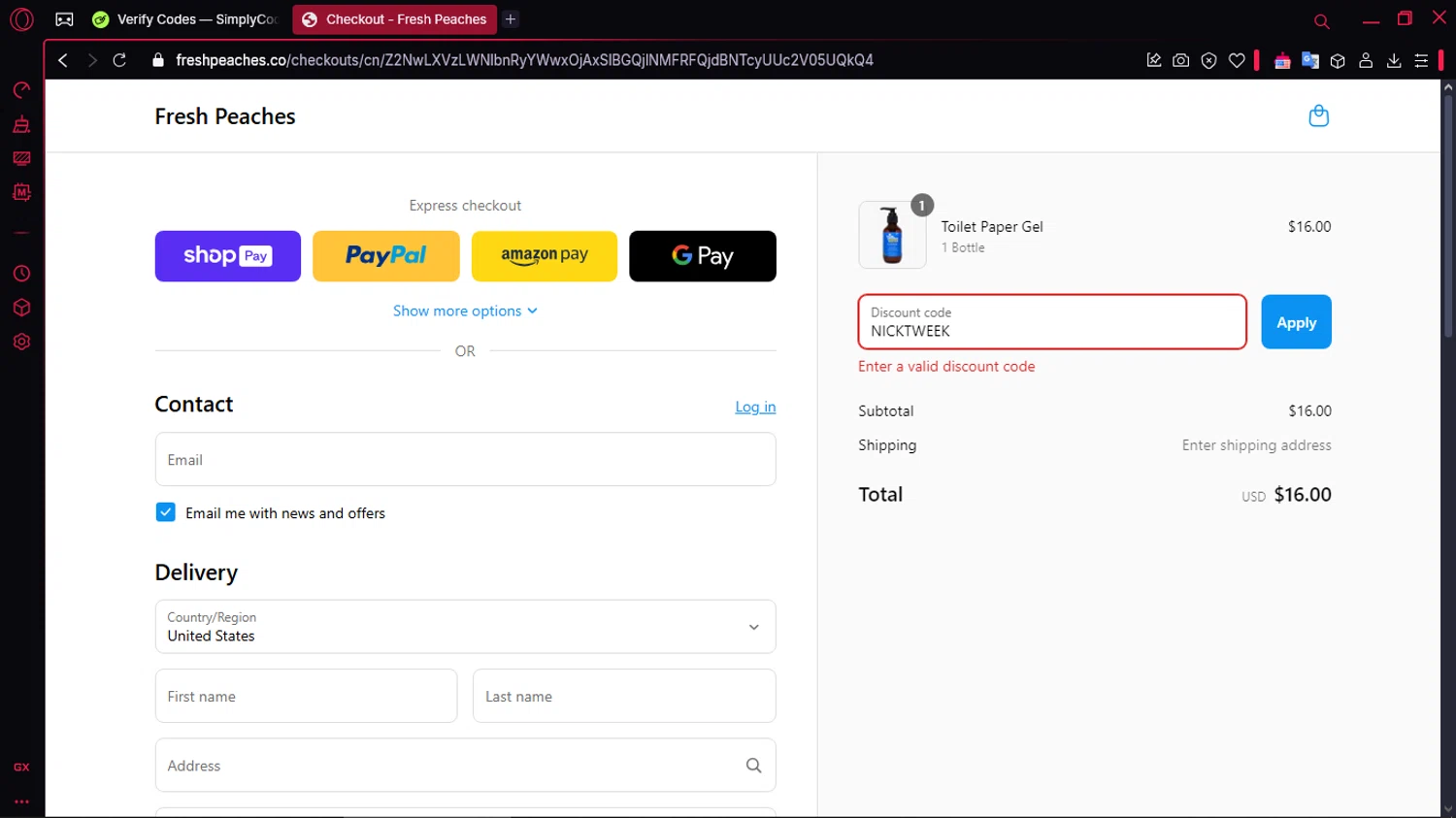 Fresh Peaches promo code screenshot showing code NICKTWEEK applied at Fresh Peaches checkout page. Uploaded by SimplyCodes community member TOLUENO on Mar 16, 2025