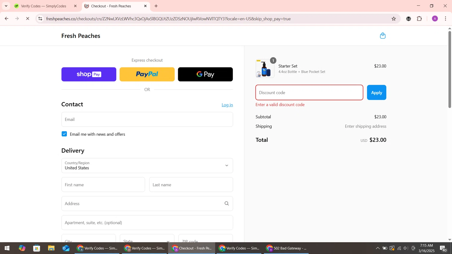 Fresh Peaches promo code screenshot showing code NICKTWEEK applied at Fresh Peaches checkout page. Uploaded by SimplyCodes community member ShrewdMaverick9198 on Mar 16, 2025