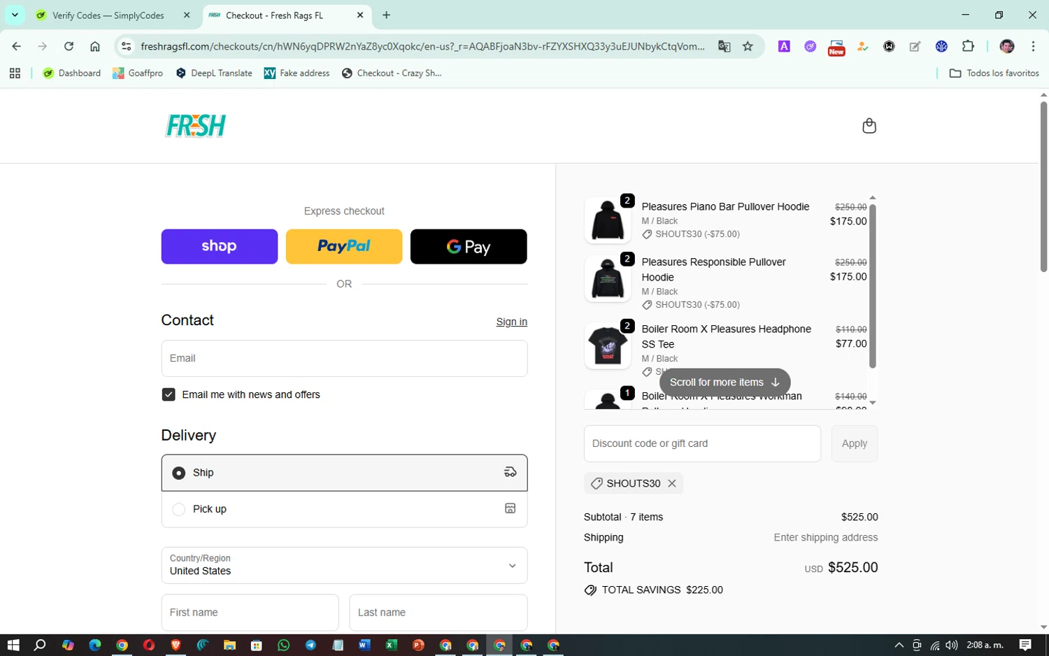 Fresh Rags discount code screenshot showing code SHOUTS30 applied at Fresh Rags checkout page. Uploaded by SimplyCodes community member Oklahoma_City on Dec 29, 2025