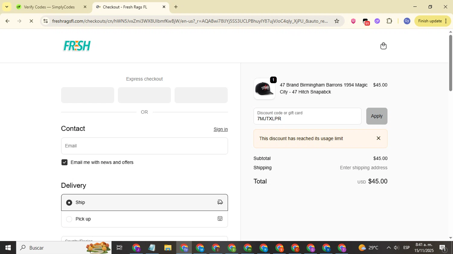 Fresh Rags discount code screenshot showing code 7MJTXLPR applied at Fresh Rags checkout page. Uploaded by SimplyCodes community member FrugalOwl962 on Nov 15, 2025