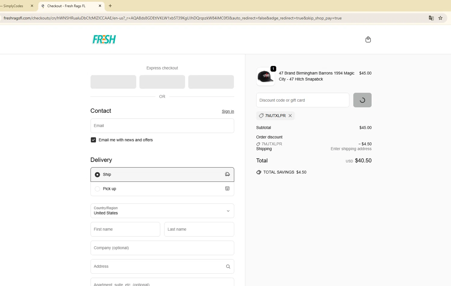 Fresh Rags discount code screenshot showing code 7MJTXLPR applied at Fresh Rags checkout page. Uploaded by SimplyCodes community member usermariee on Nov 14, 2025