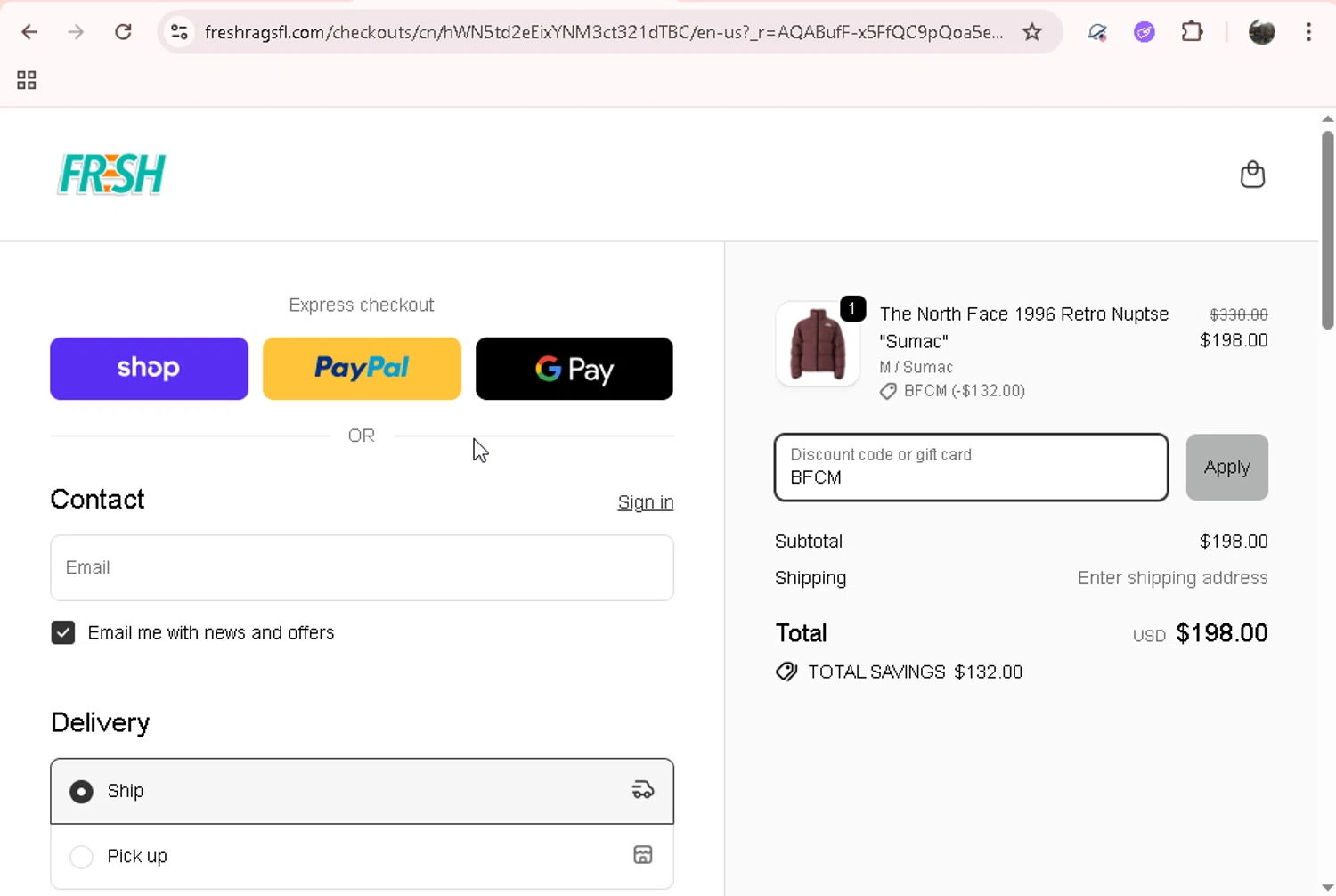 Fresh Rags checkout page showing Fresh Rags discount code box | Screenshot taken by SimplyCodes community member on Nov 30, 2025