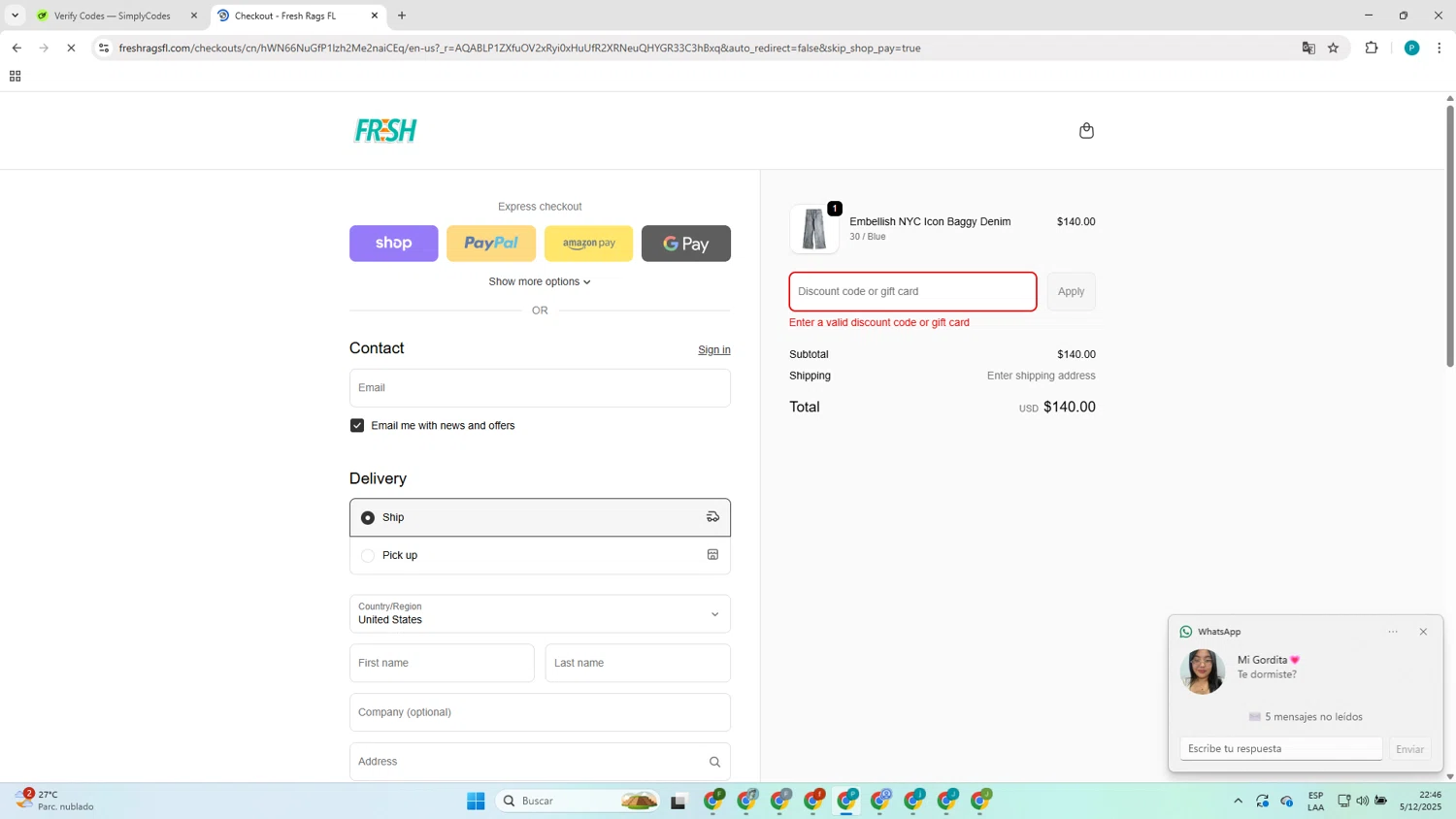 Fresh Rags discount code screenshot showing code BFCM applied at Fresh Rags checkout page. Uploaded by SimplyCodes community member ShieldAdmiral6509 on Dec 6, 2025