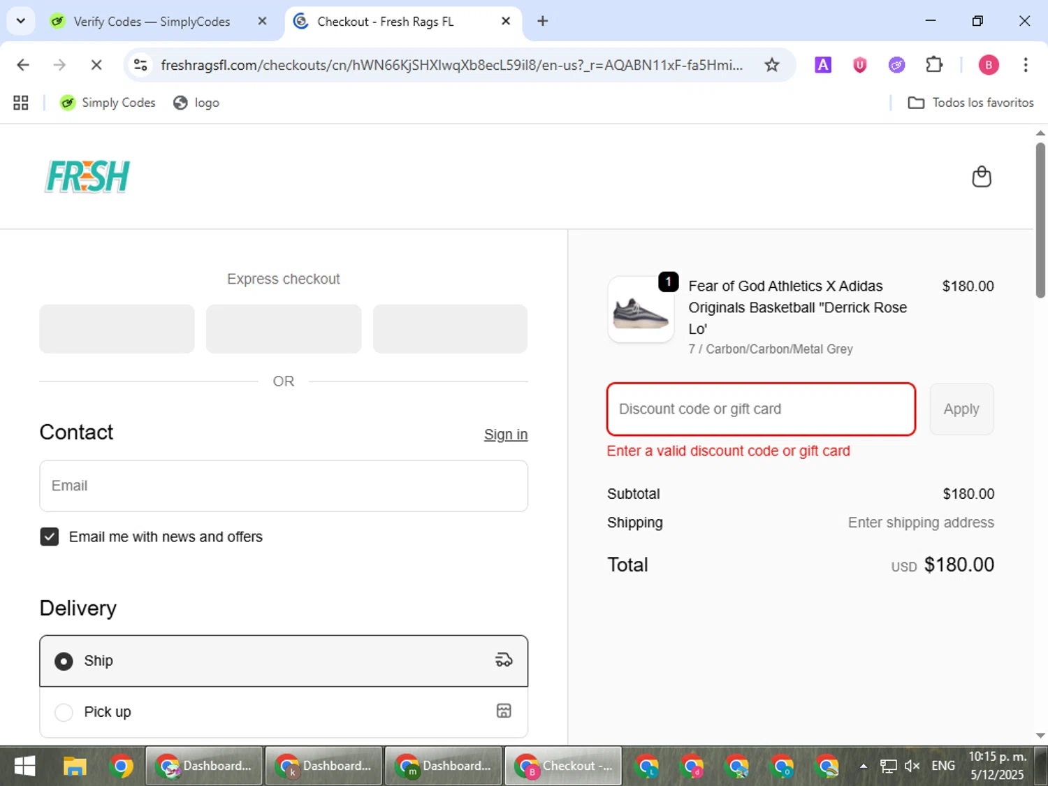 Fresh Rags discount code screenshot showing code BFCM applied at Fresh Rags checkout page. Uploaded by SimplyCodes community member bombontropical on Dec 6, 2025