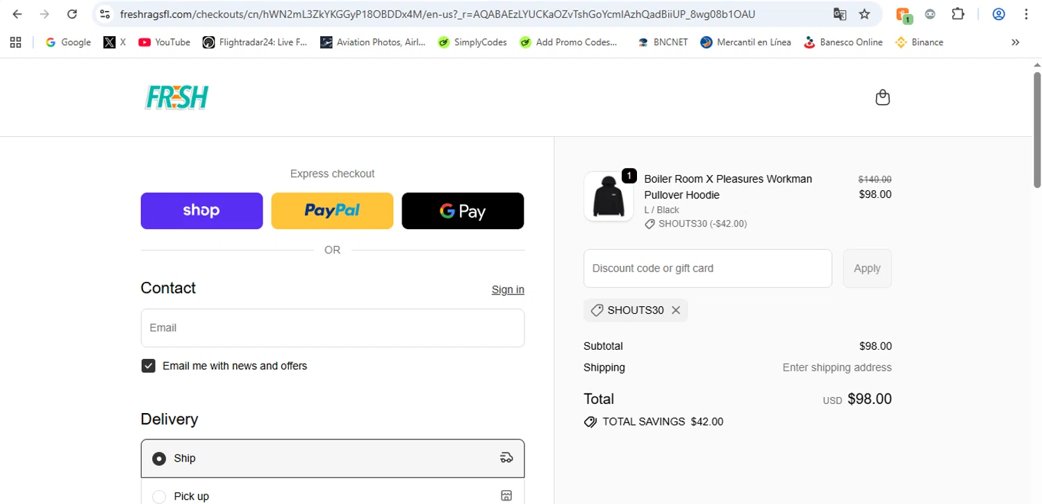 Fresh Rags discount code screenshot showing code SHOUTS30 applied at Fresh Rags checkout page. Uploaded by SimplyCodes community member victor on Nov 11, 2025